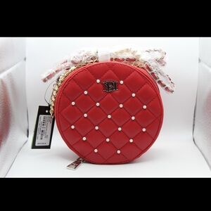 Red Quilted Women's Bag with Pearl Accents